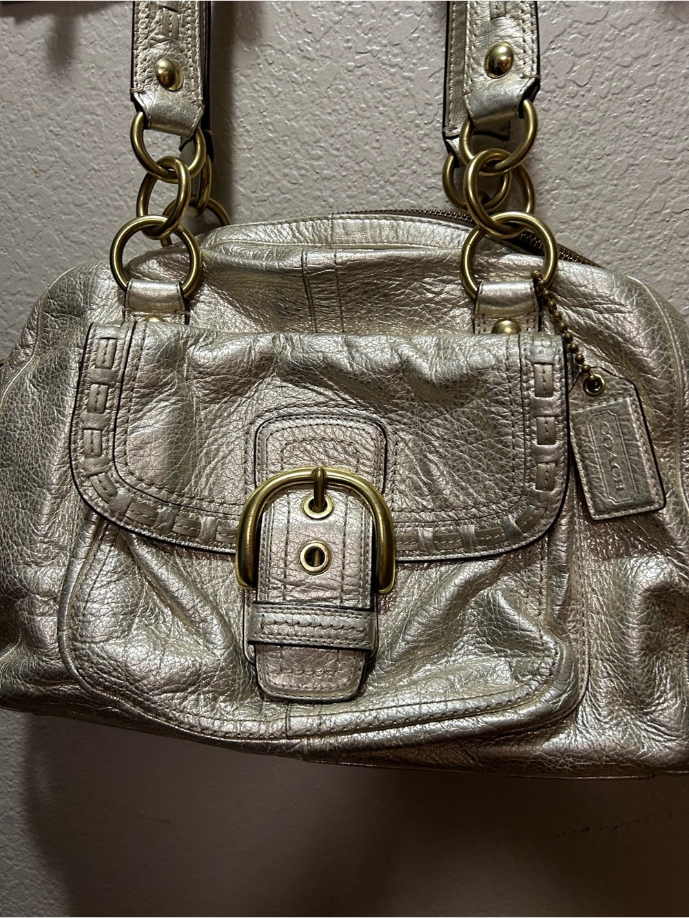 Authentic Coach Metallic Silver Leather Shoulder Bag with Brass Buckle Accents - Picture 2 of 16